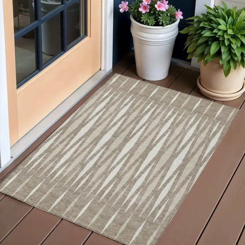 Taupe Beige And Ivory Geometric Washable Indoor Outdoor Area Rug Photo 1