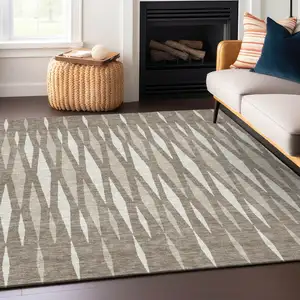 Photo of Taupe Beige And Ivory Geometric Washable Indoor Outdoor Area Rug