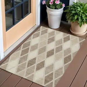Photo of Taupe Beige And Ivory Geometric Washable Indoor Outdoor Area Rug