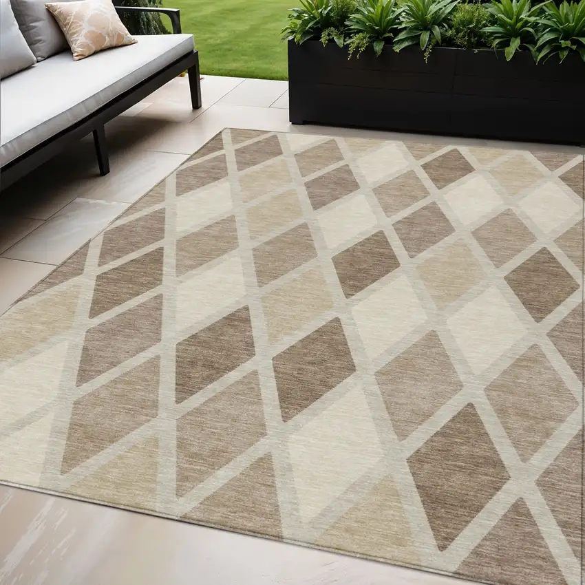 Taupe Beige And Ivory Geometric Washable Indoor Outdoor Area Rug Photo 1