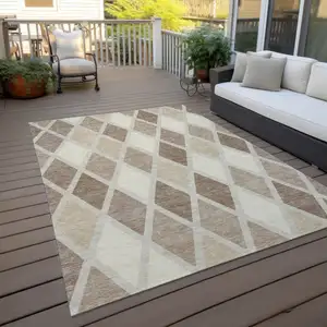 Photo of Taupe Beige And Ivory Geometric Washable Indoor Outdoor Area Rug