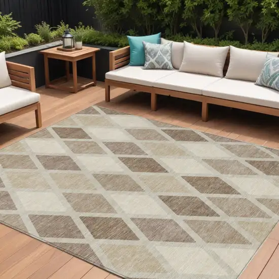 Taupe Beige And Ivory Geometric Washable Indoor Outdoor Area Rug Photo 1