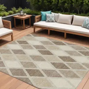 Photo of Taupe Beige And Ivory Geometric Washable Indoor Outdoor Area Rug