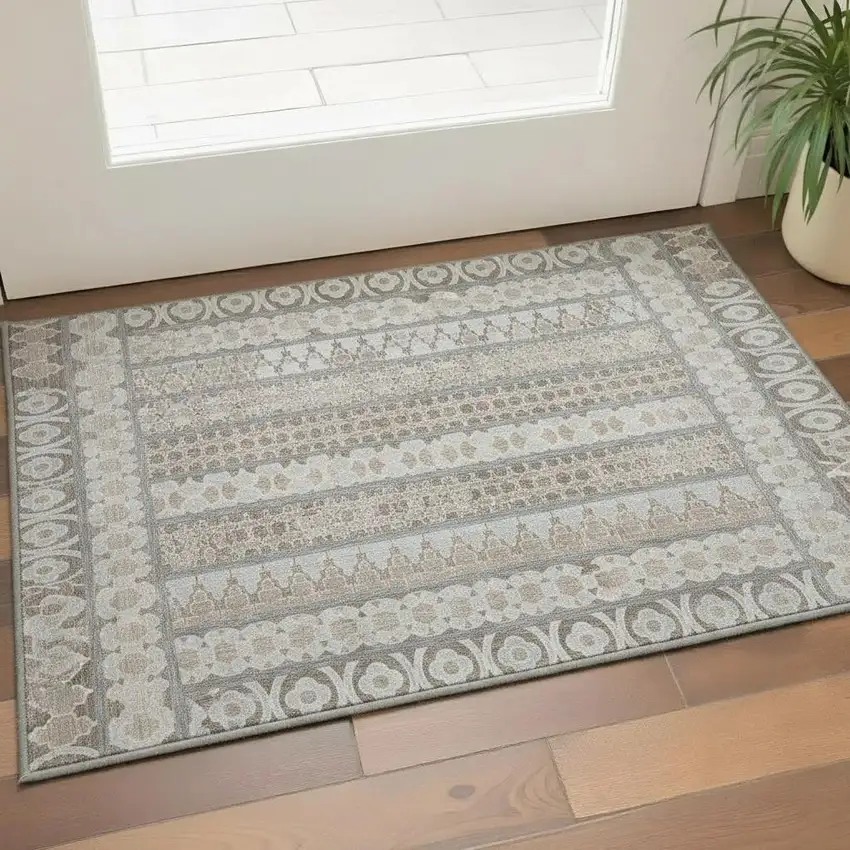 Taupe Beige And Ivory Ikat Washable Area Rug With UV Protection Photo 2
