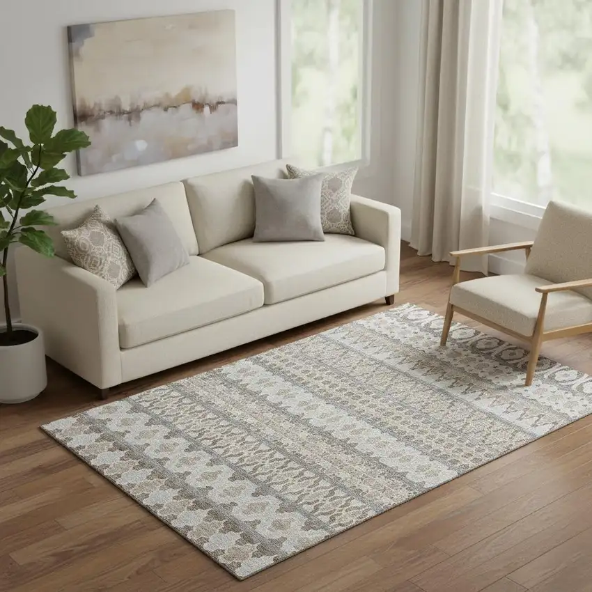 Taupe Beige And Ivory Ikat Washable Area Rug With UV Protection Photo 1