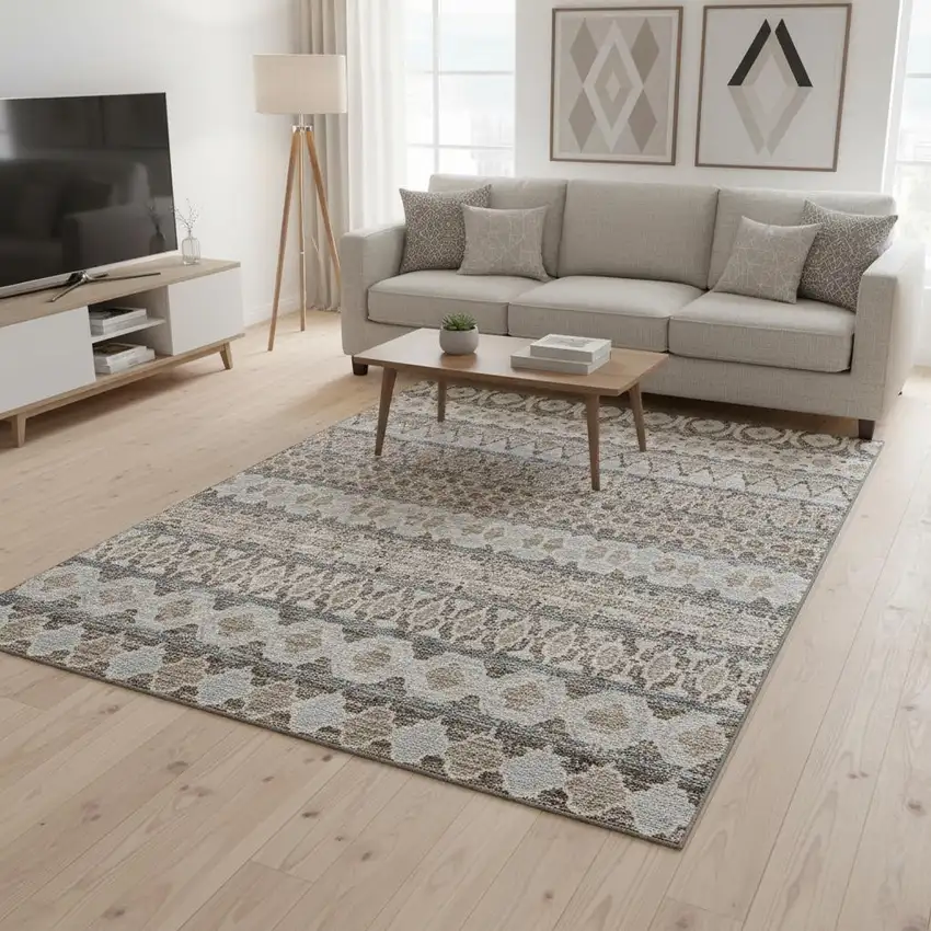 Taupe Beige And Ivory Ikat Washable Area Rug With UV Protection Photo 2