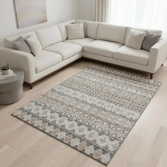 Taupe Beige And Ivory Ikat Washable Area Rug With UV Protection Photo 2