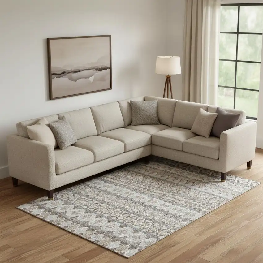 Taupe Beige And Ivory Ikat Washable Area Rug With UV Protection Photo 1