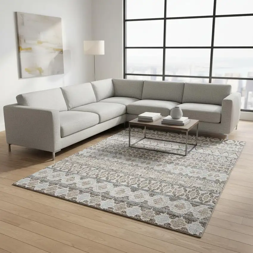 Taupe Beige And Ivory Ikat Washable Area Rug With UV Protection Photo 2