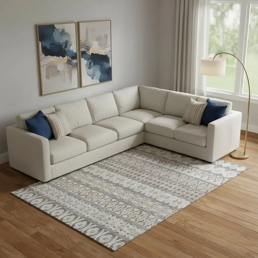 Taupe Beige And Ivory Ikat Washable Area Rug With UV Protection Photo 1