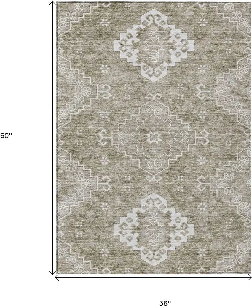 Taupe Beige And Ivory Medallion Washable Indoor Outdoor Area Rug Photo 3