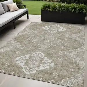 Photo of Taupe Beige And Ivory Medallion Washable Indoor Outdoor Area Rug
