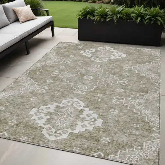 Taupe Beige And Ivory Medallion Washable Indoor Outdoor Area Rug Photo 1