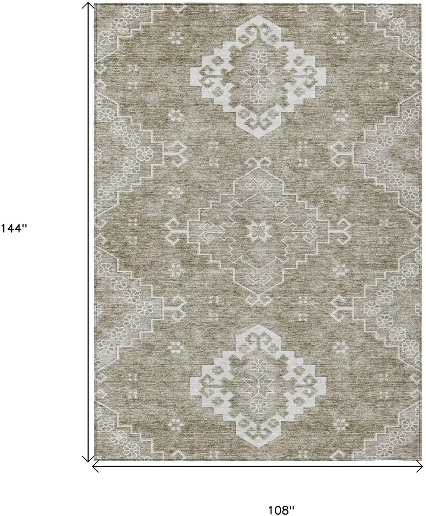 Taupe Beige And Ivory Medallion Washable Indoor Outdoor Area Rug Photo 3