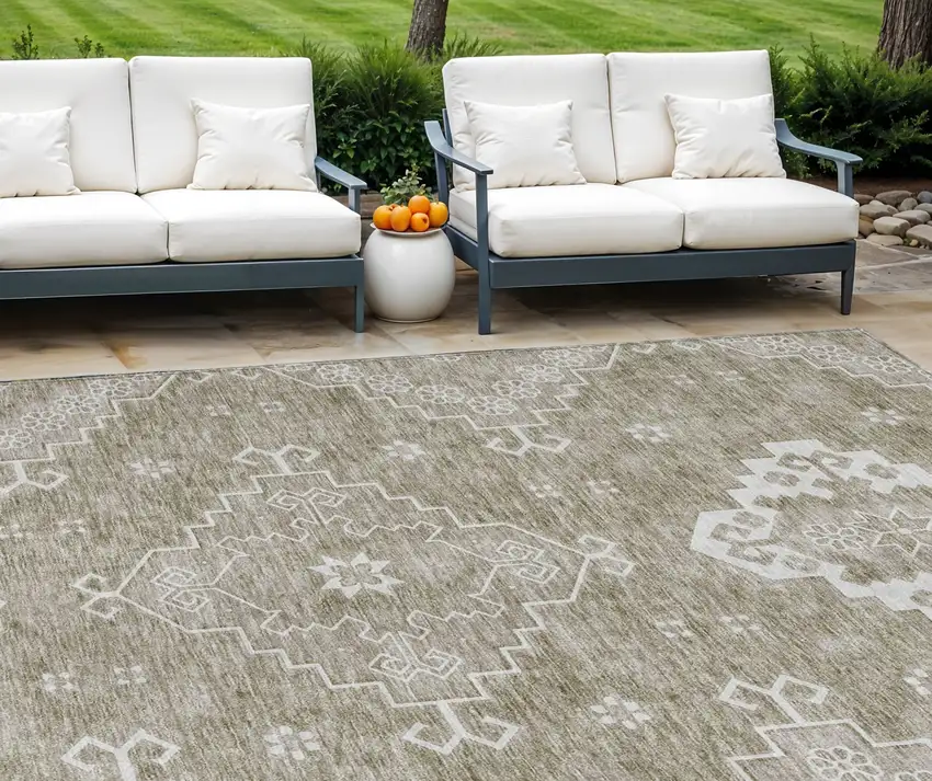 Taupe Beige And Ivory Medallion Washable Indoor Outdoor Area Rug Photo 1