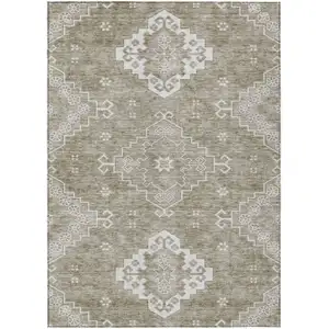 Photo of Taupe Beige And Ivory Medallion Washable Indoor Outdoor Area Rug