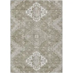 Photo of Taupe Beige And Ivory Medallion Washable Indoor Outdoor Area Rug