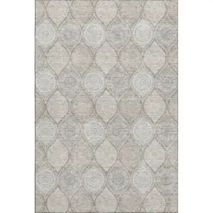 Photo of Taupe Beige And Ivory Ogee Washable Area Rug With UV Protection