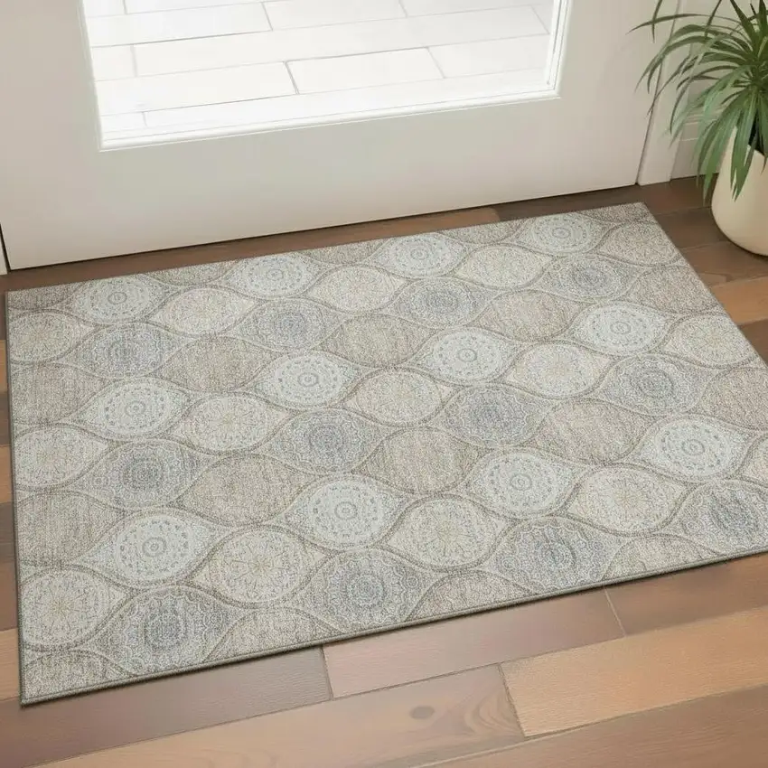 Taupe Beige And Ivory Ogee Washable Area Rug With UV Protection Photo 2
