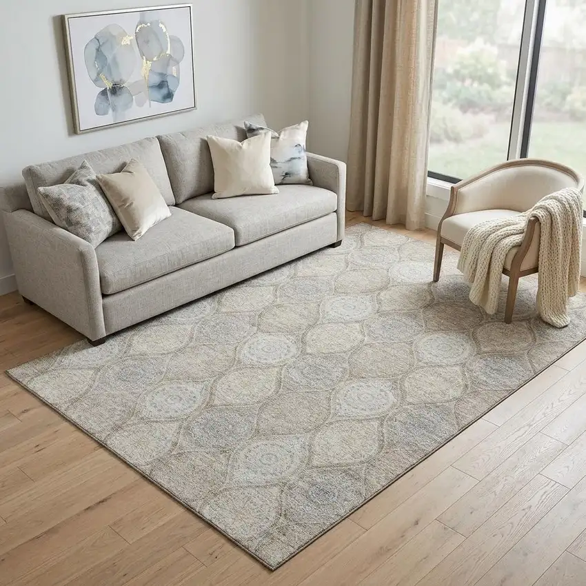 Taupe Beige And Ivory Ogee Washable Area Rug With UV Protection Photo 1