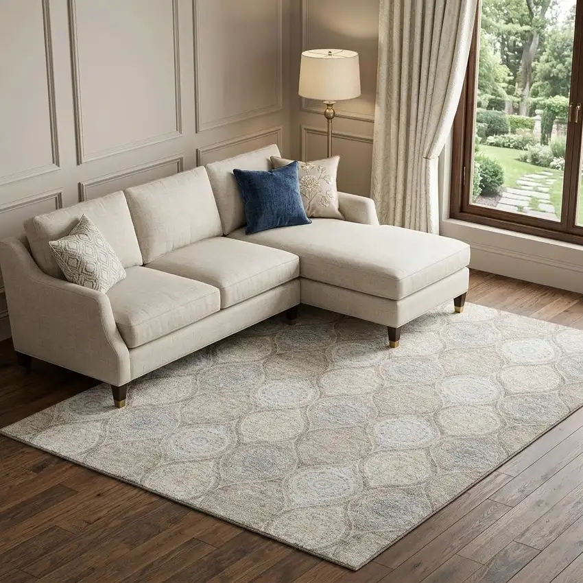 Taupe Beige And Ivory Ogee Washable Area Rug With UV Protection Photo 1