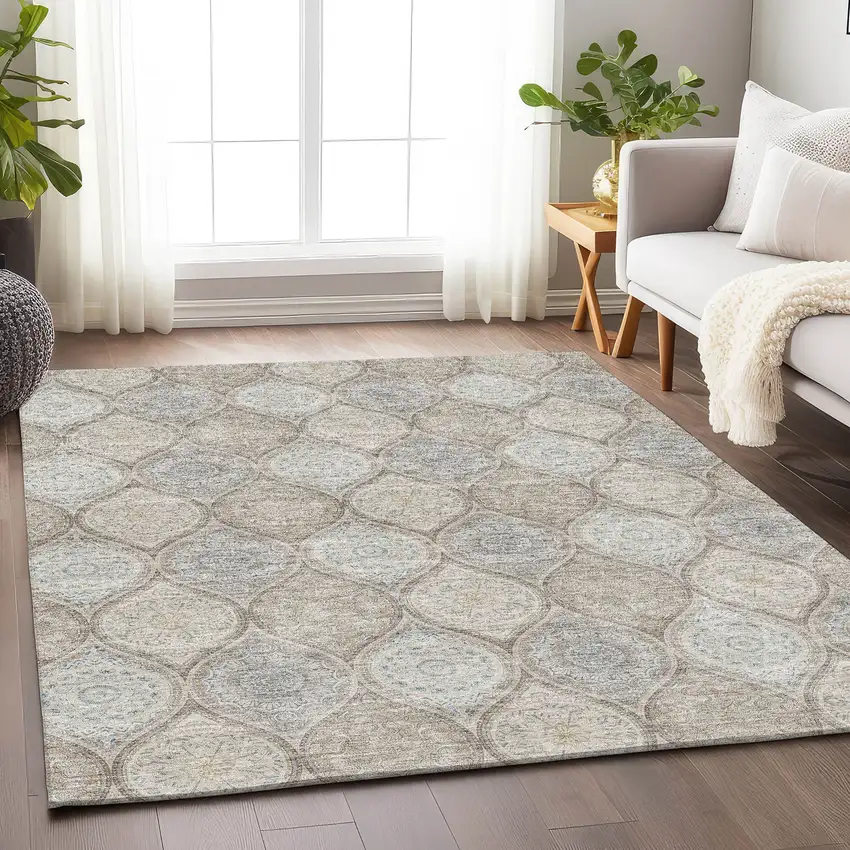 Taupe Beige And Ivory Ogee Washable Area Rug With UV Protection Photo 4