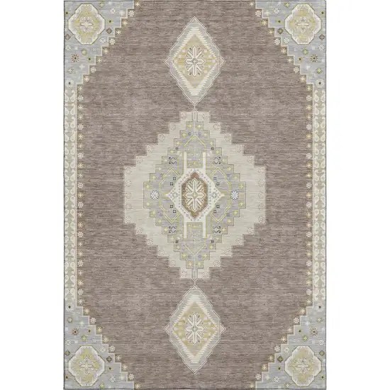 Taupe Beige And Ivory Oriental Washable Area Rug With UV Protection Photo 1
