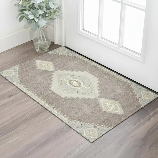 Taupe Beige And Ivory Oriental Washable Area Rug With UV Protection Photo 2