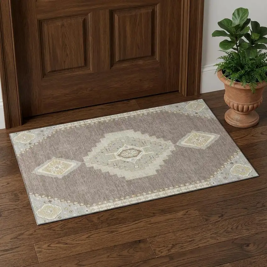 Taupe Beige And Ivory Oriental Washable Area Rug With UV Protection Photo 1