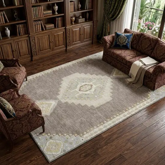 Taupe Beige And Ivory Oriental Washable Area Rug With UV Protection Photo 1