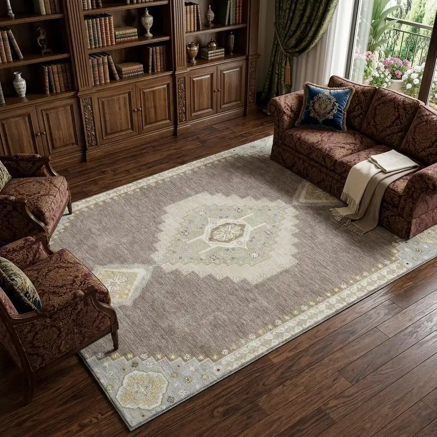 Taupe Beige And Ivory Oriental Washable Area Rug With UV Protection Photo 1