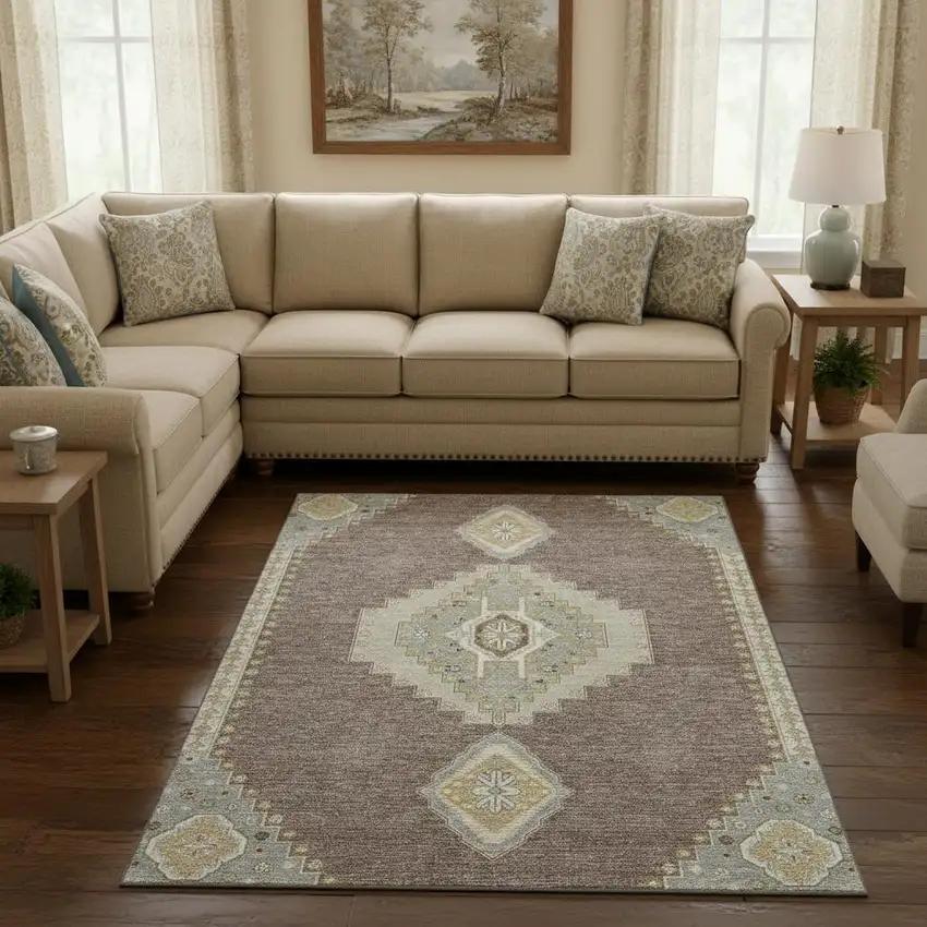 Taupe Beige And Ivory Oriental Washable Area Rug With UV Protection Photo 2