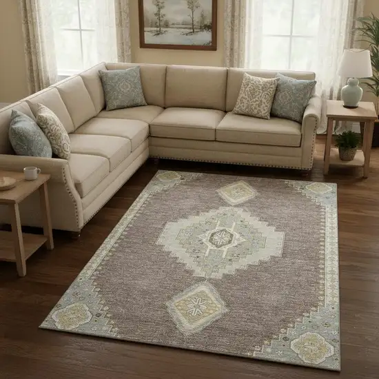 Taupe Beige And Ivory Oriental Washable Area Rug With UV Protection Photo 2