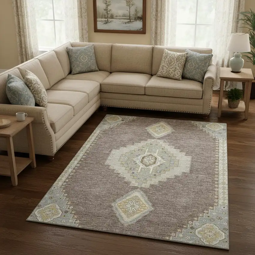 Taupe Beige And Ivory Oriental Washable Area Rug With UV Protection Photo 2
