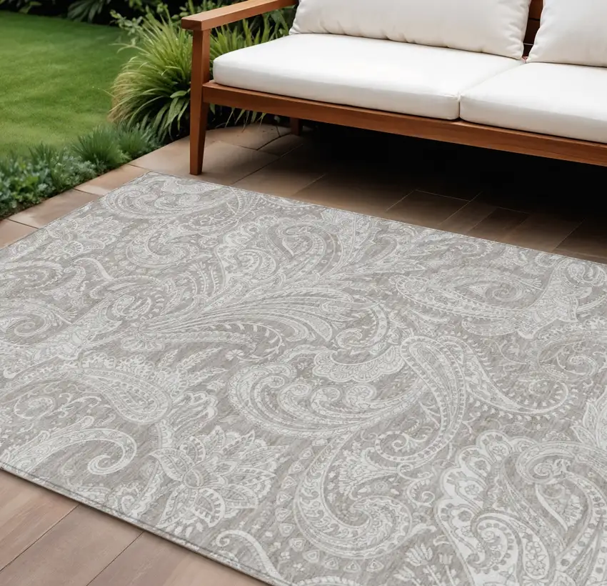 Taupe Beige And Ivory Paisley Washable Indoor Outdoor Area Rug Photo 1