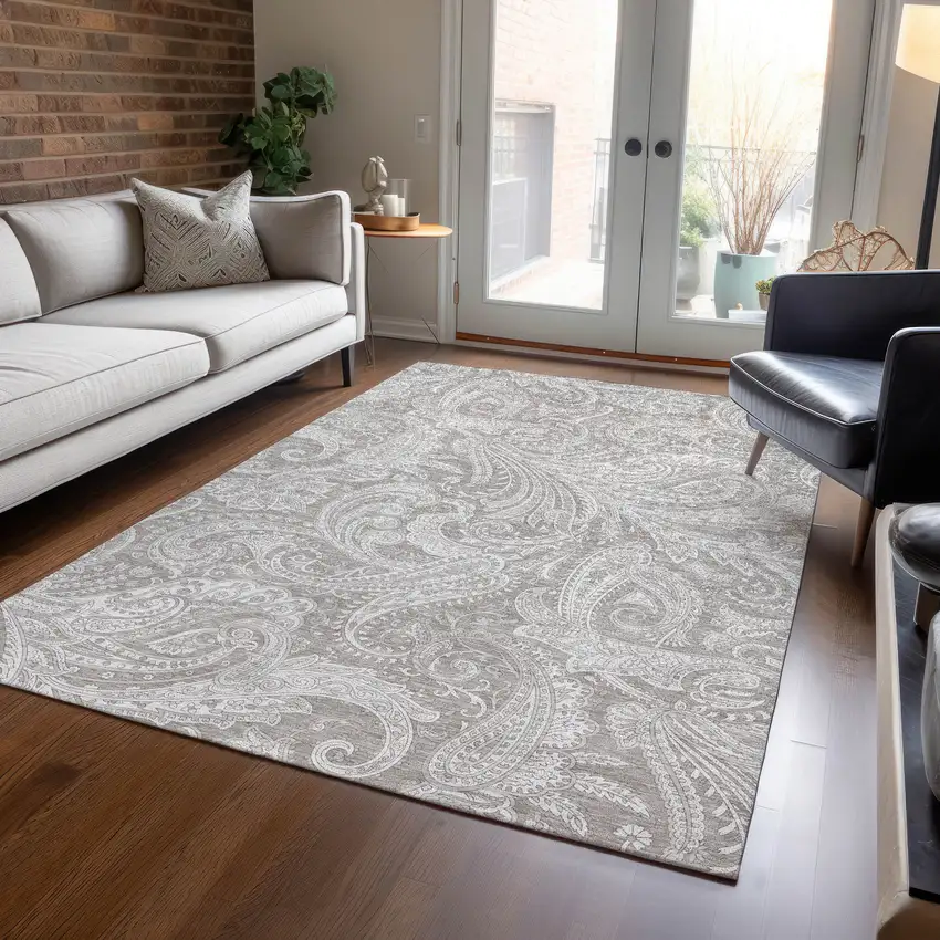 Taupe Beige And Ivory Paisley Washable Indoor Outdoor Area Rug Photo 7