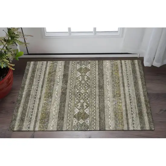 Taupe Beige And Ivory Southwestern Washable Area Rug With UV Protection Photo 2