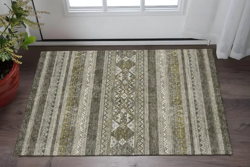 Taupe Beige And Ivory Southwestern Washable Area Rug With UV Protection Photo 2