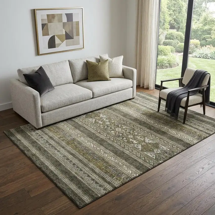 Taupe Beige And Ivory Southwestern Washable Area Rug With UV Protection Photo 1