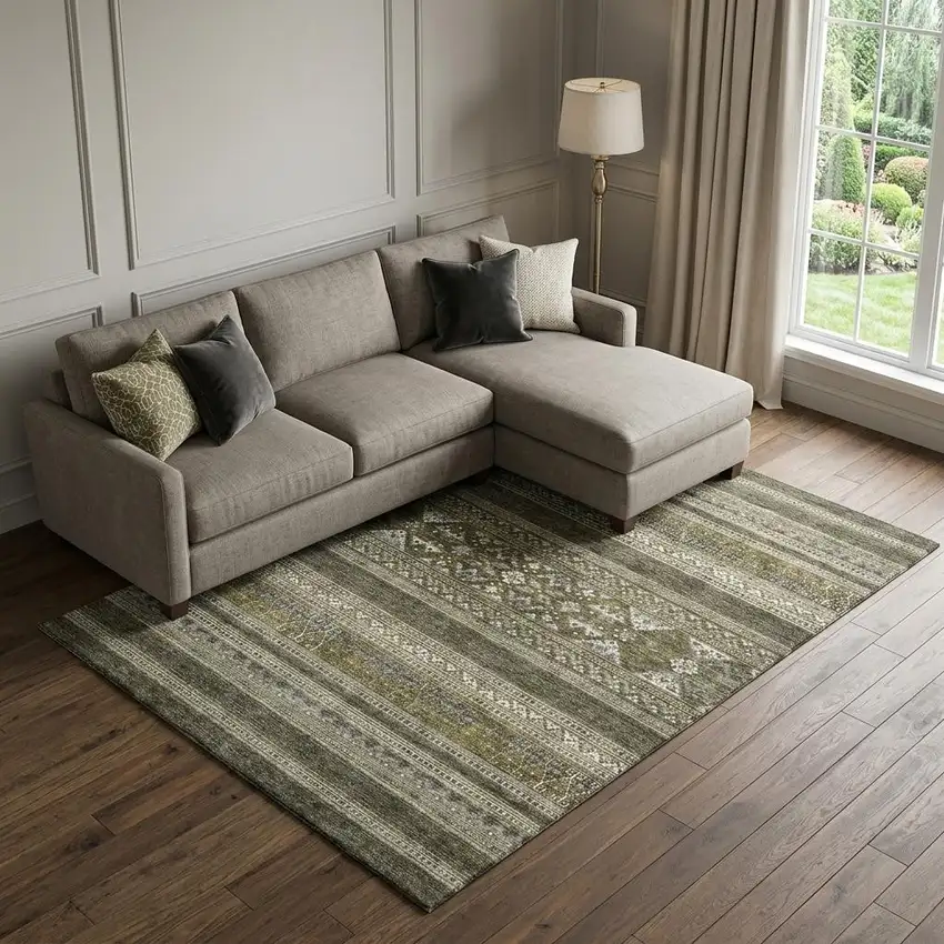 Taupe Beige And Ivory Southwestern Washable Area Rug With UV Protection Photo 1