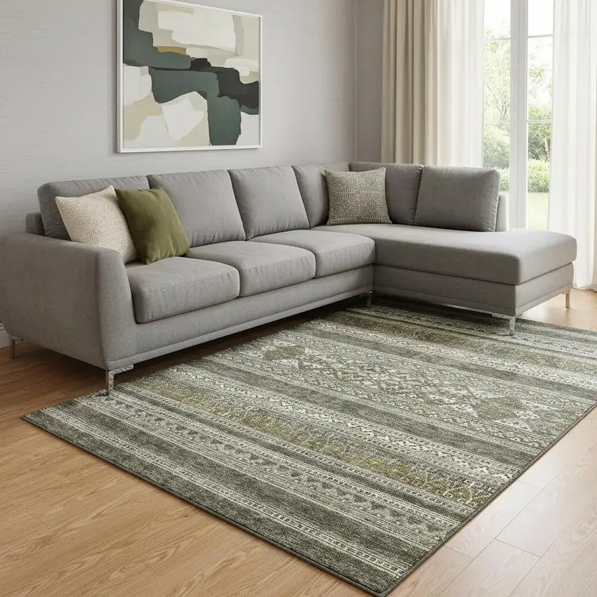 Taupe Beige And Ivory Southwestern Washable Area Rug With UV Protection Photo 1