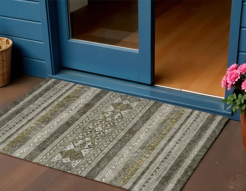 Taupe Beige And Ivory Southwestern Washable Indoor Outdoor Area Rug Photo 1
