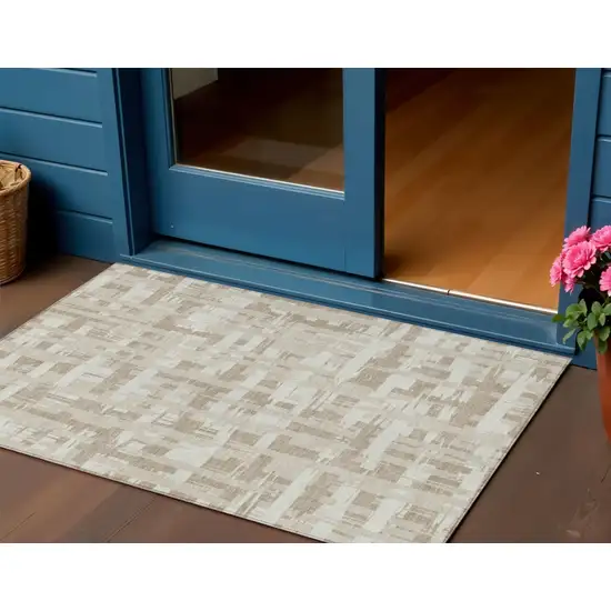 Taupe Beige And Ivory Striped Washable Indoor Outdoor Area Rug Photo 2