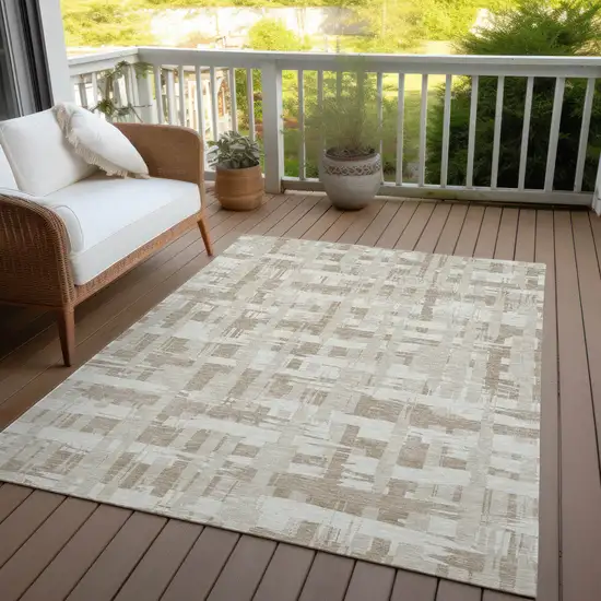 Taupe Beige And Ivory Striped Washable Indoor Outdoor Area Rug Photo 6