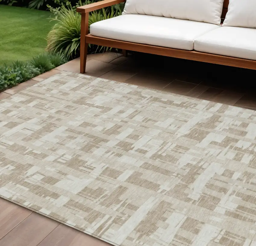 Taupe Beige And Ivory Striped Washable Indoor Outdoor Area Rug Photo 2
