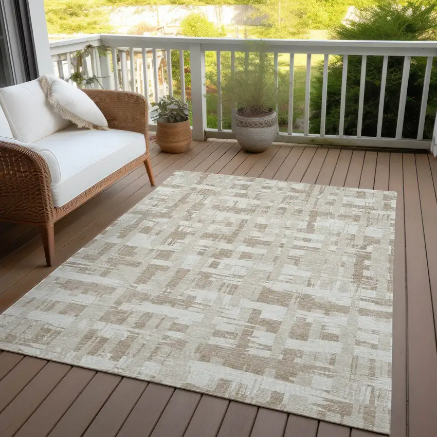 Taupe Beige And Ivory Striped Washable Indoor Outdoor Area Rug Photo 6
