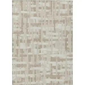 Photo of Taupe Beige And Ivory Striped Washable Indoor Outdoor Area Rug