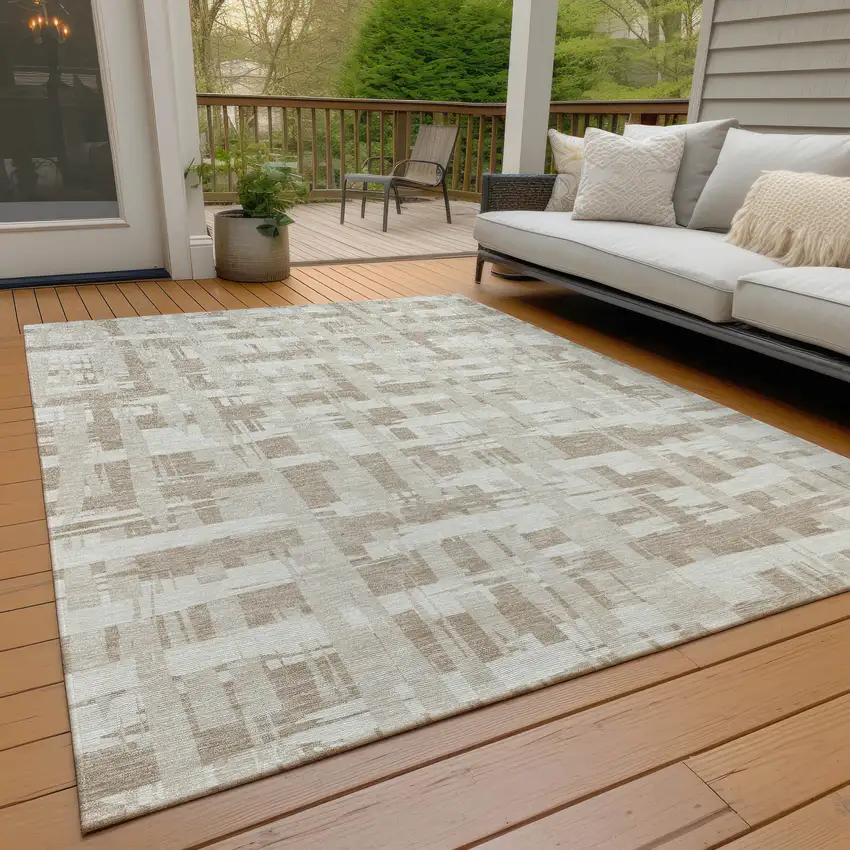Taupe Beige And Ivory Striped Washable Indoor Outdoor Area Rug Photo 9