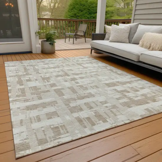 Taupe Beige And Ivory Striped Washable Indoor Outdoor Area Rug Photo 9
