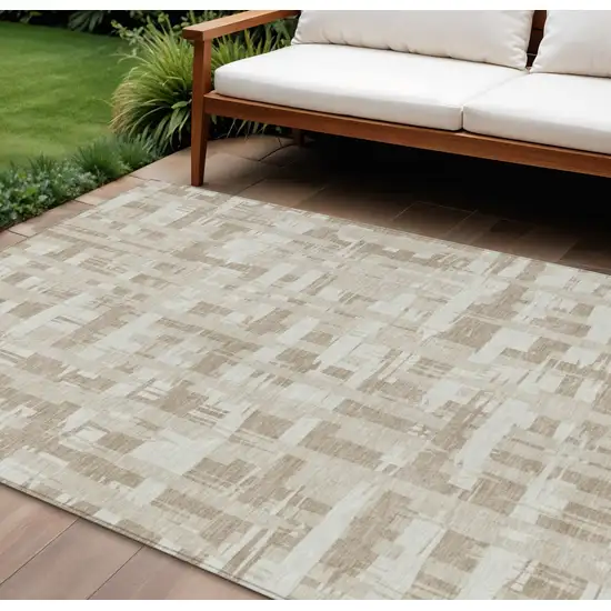 Taupe Beige And Ivory Striped Washable Indoor Outdoor Area Rug Photo 2